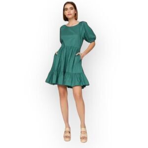 Peter Som Collective Mini Dress Women's 4 Green Puff Sleeve Tie Back Ruffle Hem